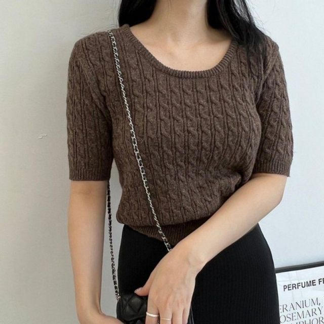 U넥 여성 디자인 기본 꽈배기 데이 패션 캐시 반팔 니