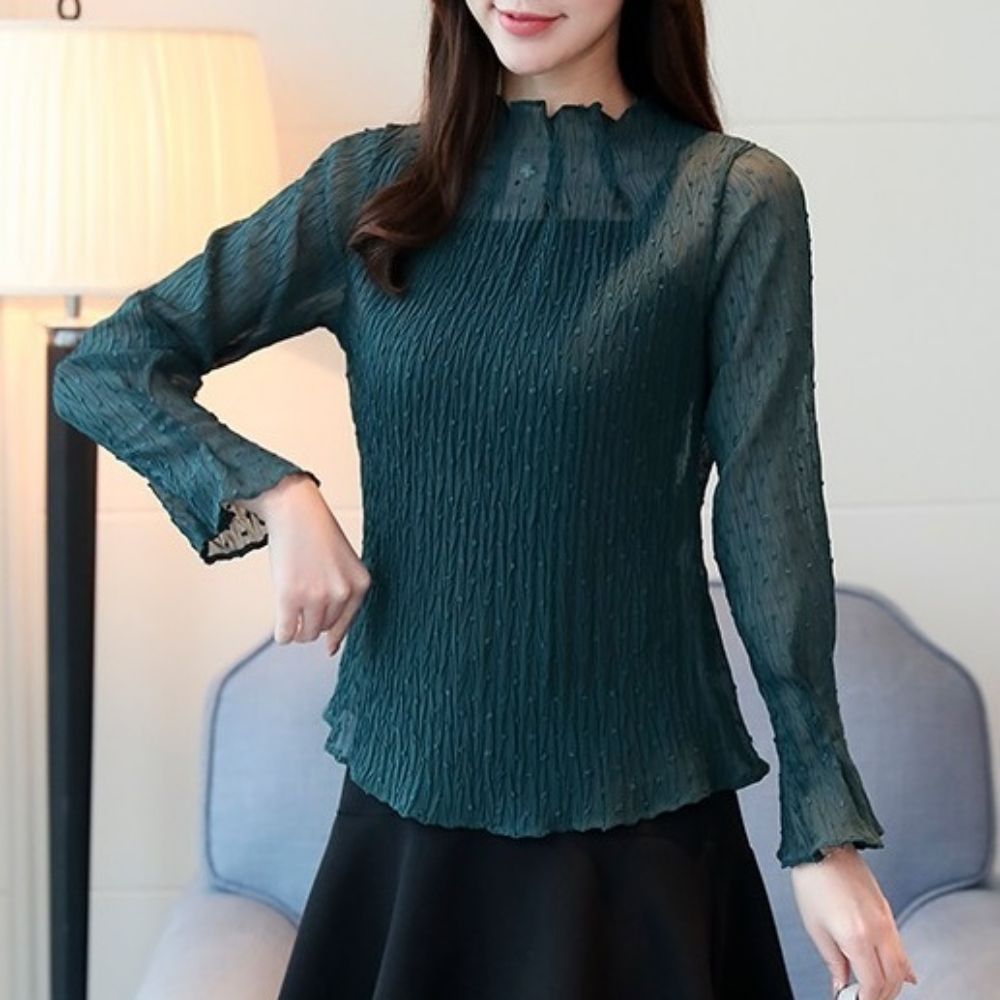 여성 봄 간절기 정장 물결 주름 쉬폰 시스루 블라우스