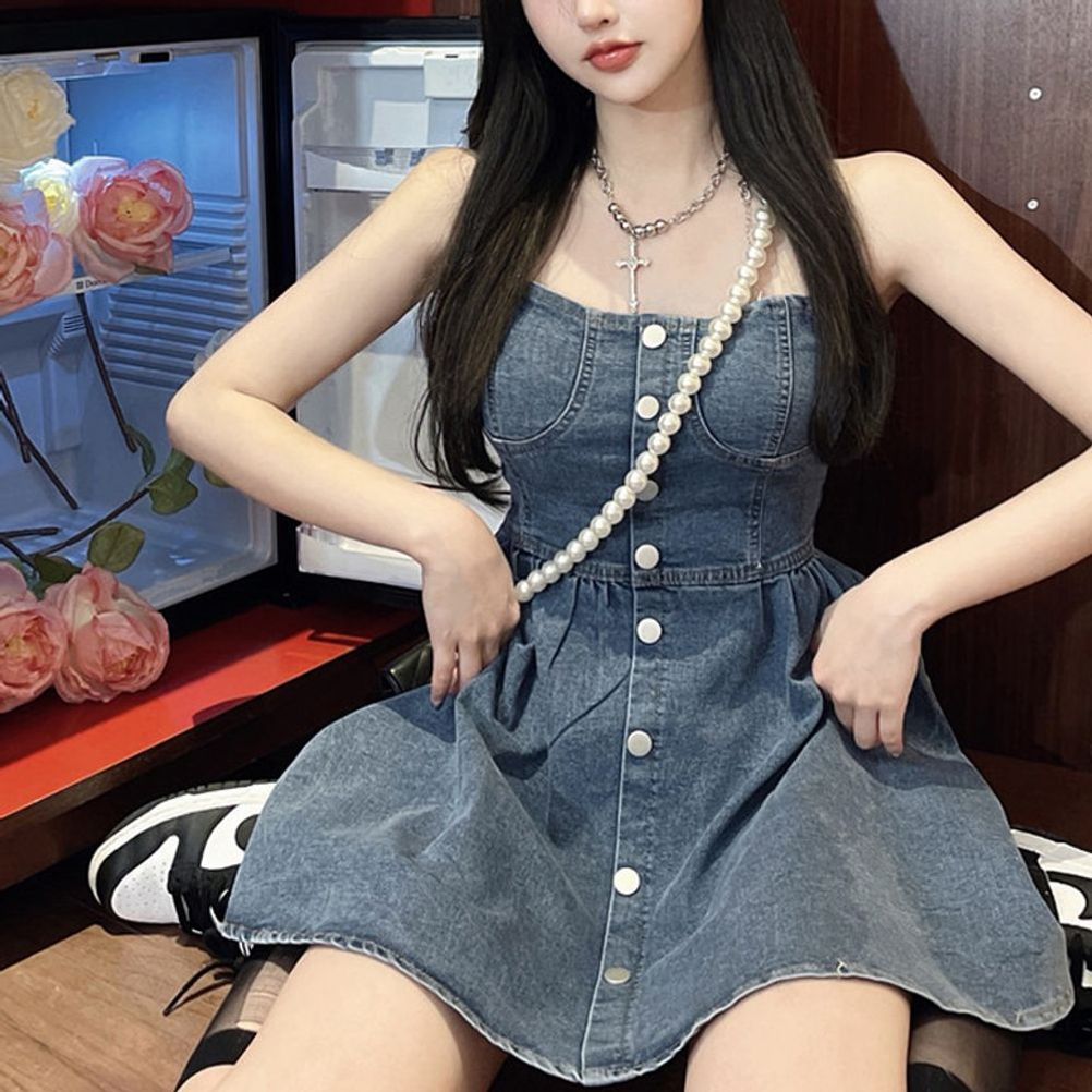 버튼 티셔츠 데님 캐주얼 여성티셔츠 클럽 튜브