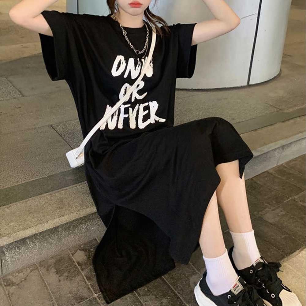 패션 여자 해외여행 레터링 여름 반팔 면 공항 원피스