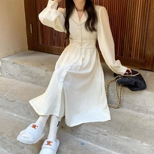 카라넥 코듀로이원피스 뒷밴딩 롱원피스 여성 날씬 봄