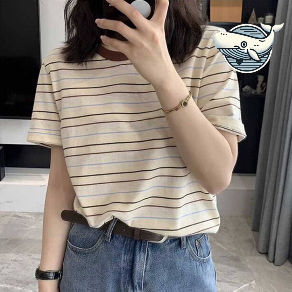 여름 스트라이프 편안한 라운드 티셔츠 데일리