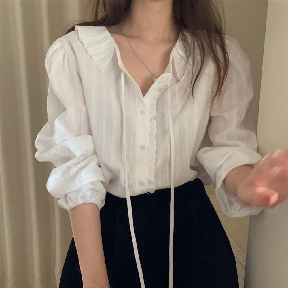 에투르 프릴 블라우스 여성 타이 리본 레이어드 봄