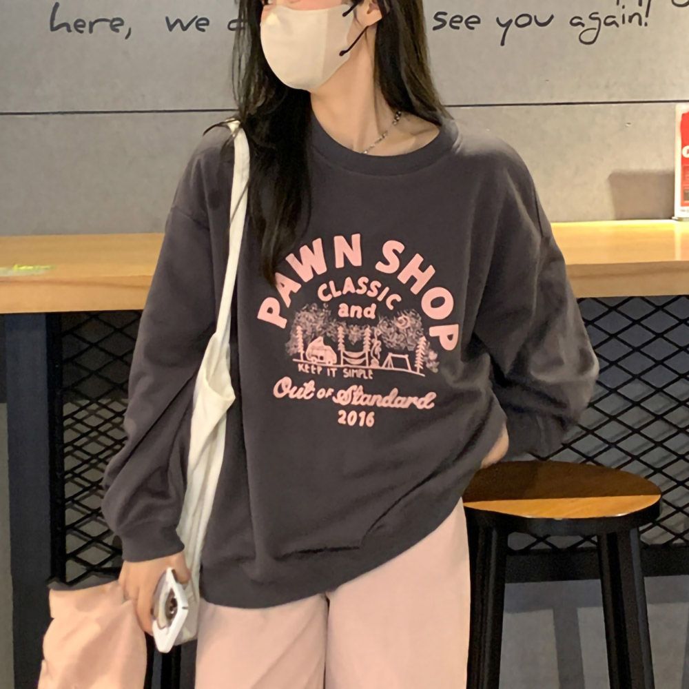 약기모 가을 오버핏 꽈배기 여성 티셔츠 레터링
