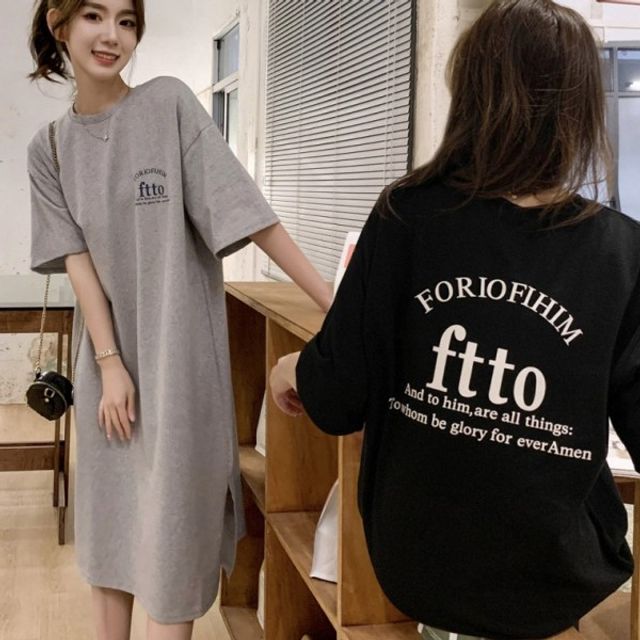 앞뒤 레터링 영문 기본 라운드 데이 반팔 옆트임 여자