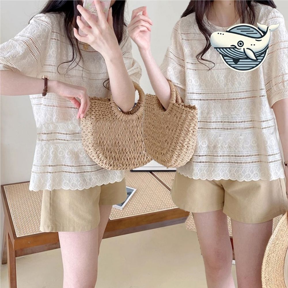 여성 여름 반팔 블라우스 펀칭 자수 디자인