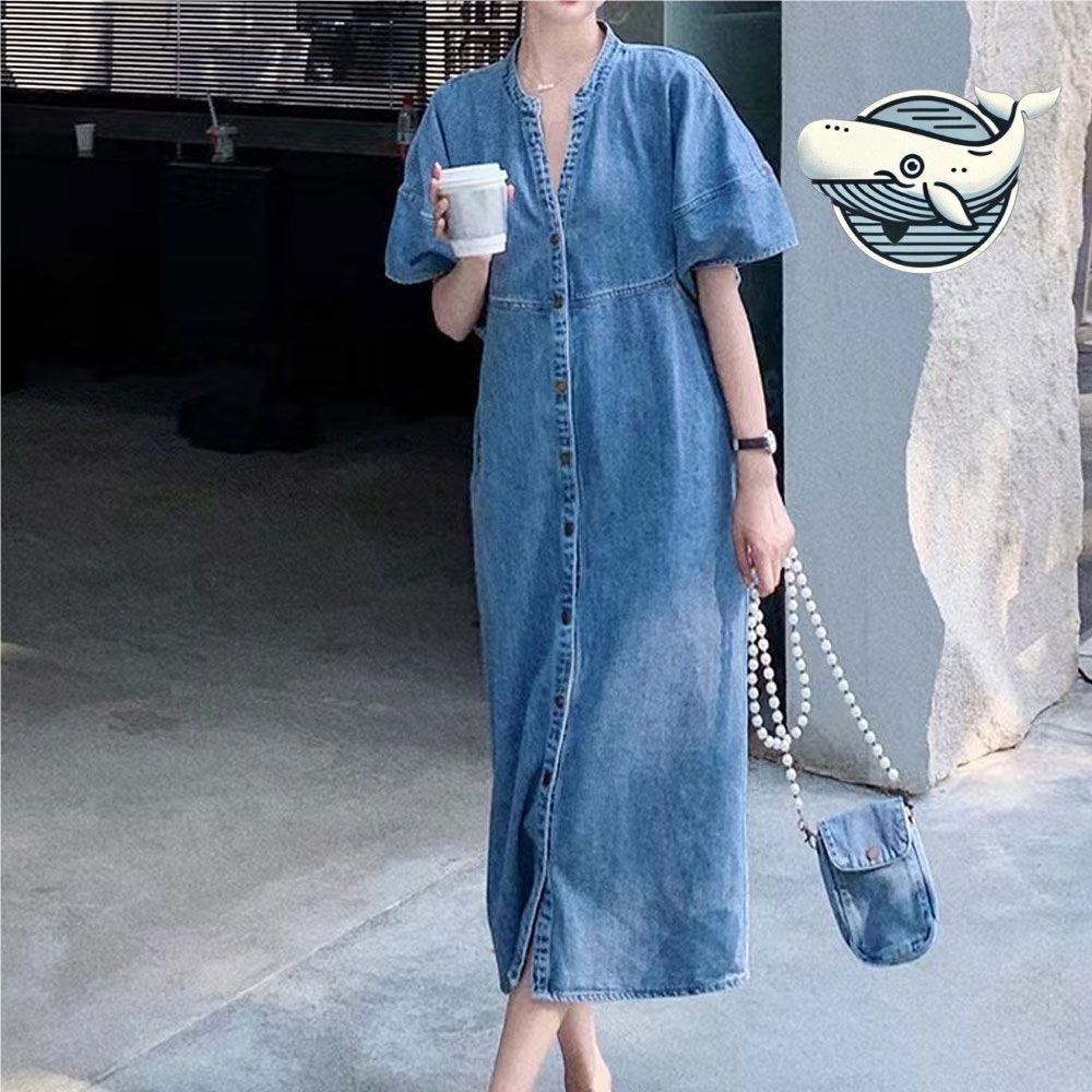 여름 파란색 라운드넥 데님 롱 원피스 패셔너블