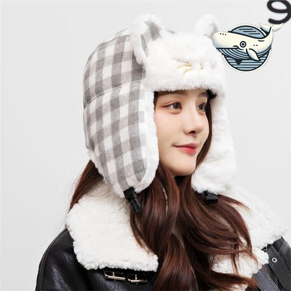 체크 패턴 고양이 귀달이 따뜻한 겨울 모자
