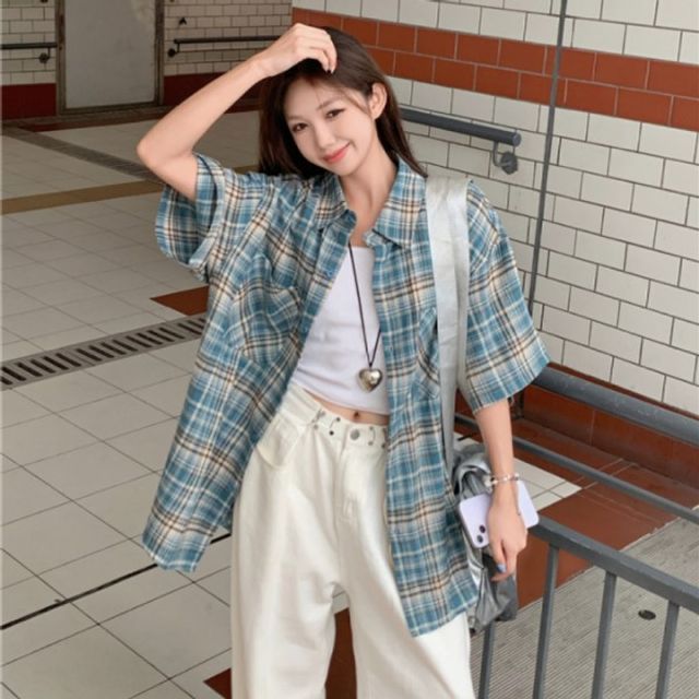 네모 카라 체크 기본 패턴 데이 반팔 셔츠 캐주얼 남