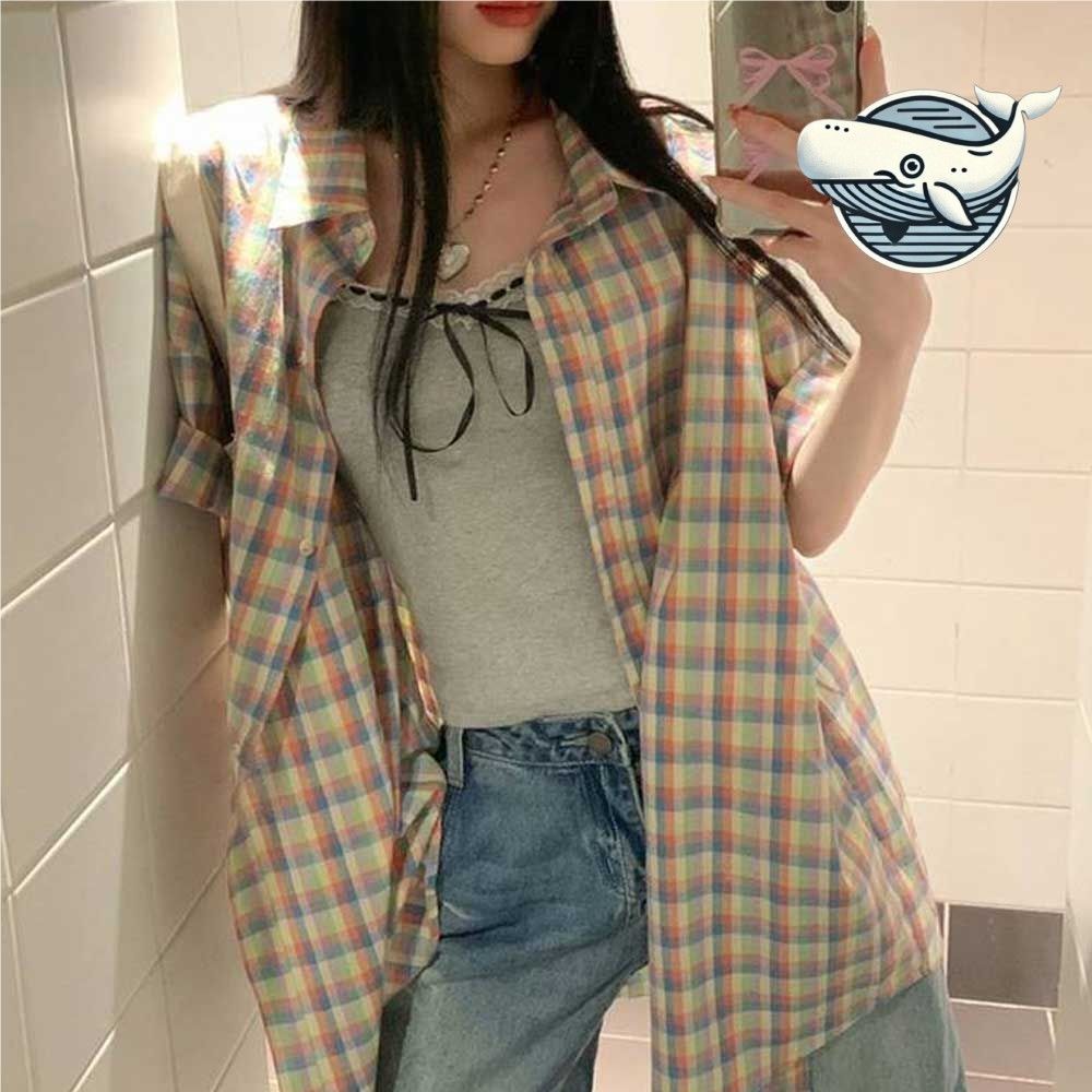 멋스러운 체크 패턴 롤업 반팔 남방 긴 기장
