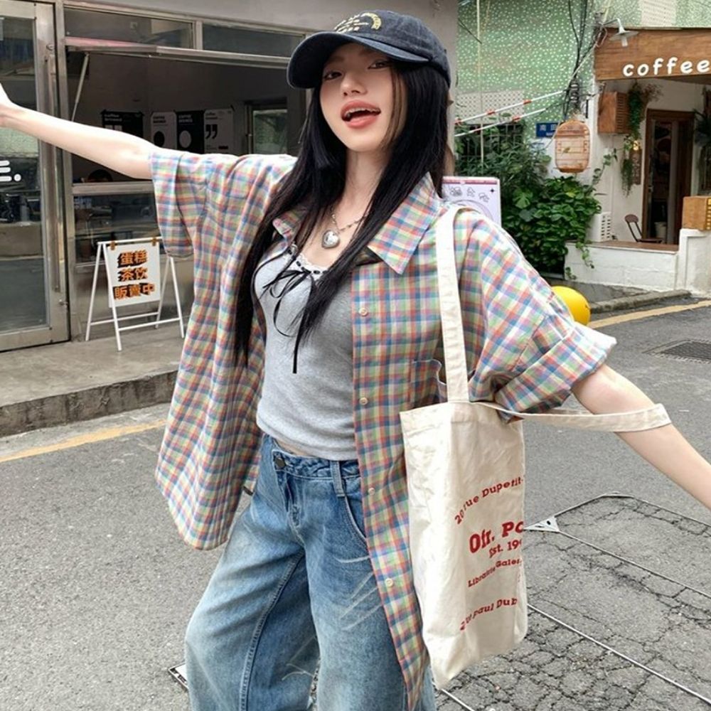 셔츠 19 체크 포켓 반팔