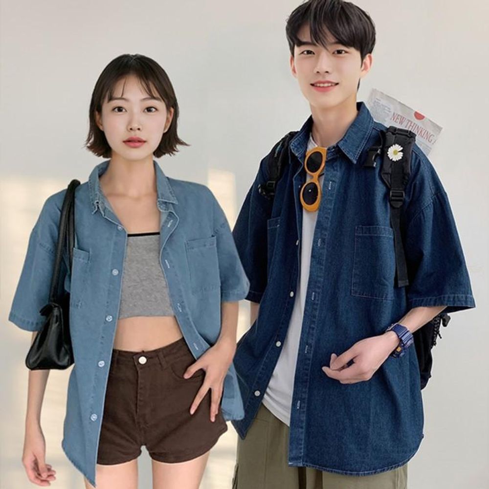 남자 여름 오버핏 데님 반팔 셔츠 청남방 캐주얼셔츠