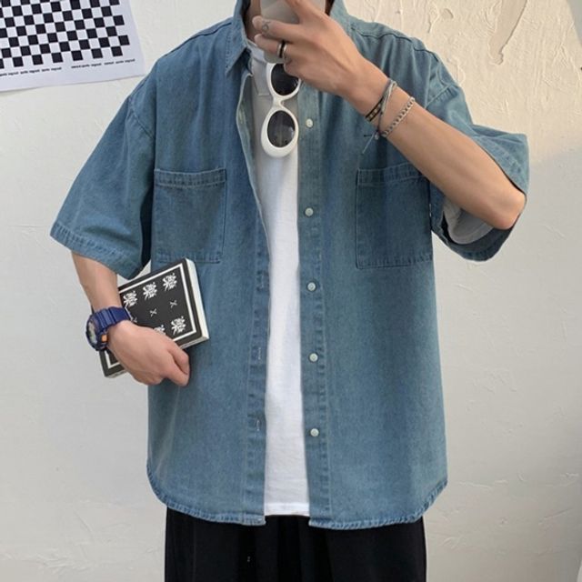 반팔남방 남자청남방 오버핏 캐주얼셔츠 진청