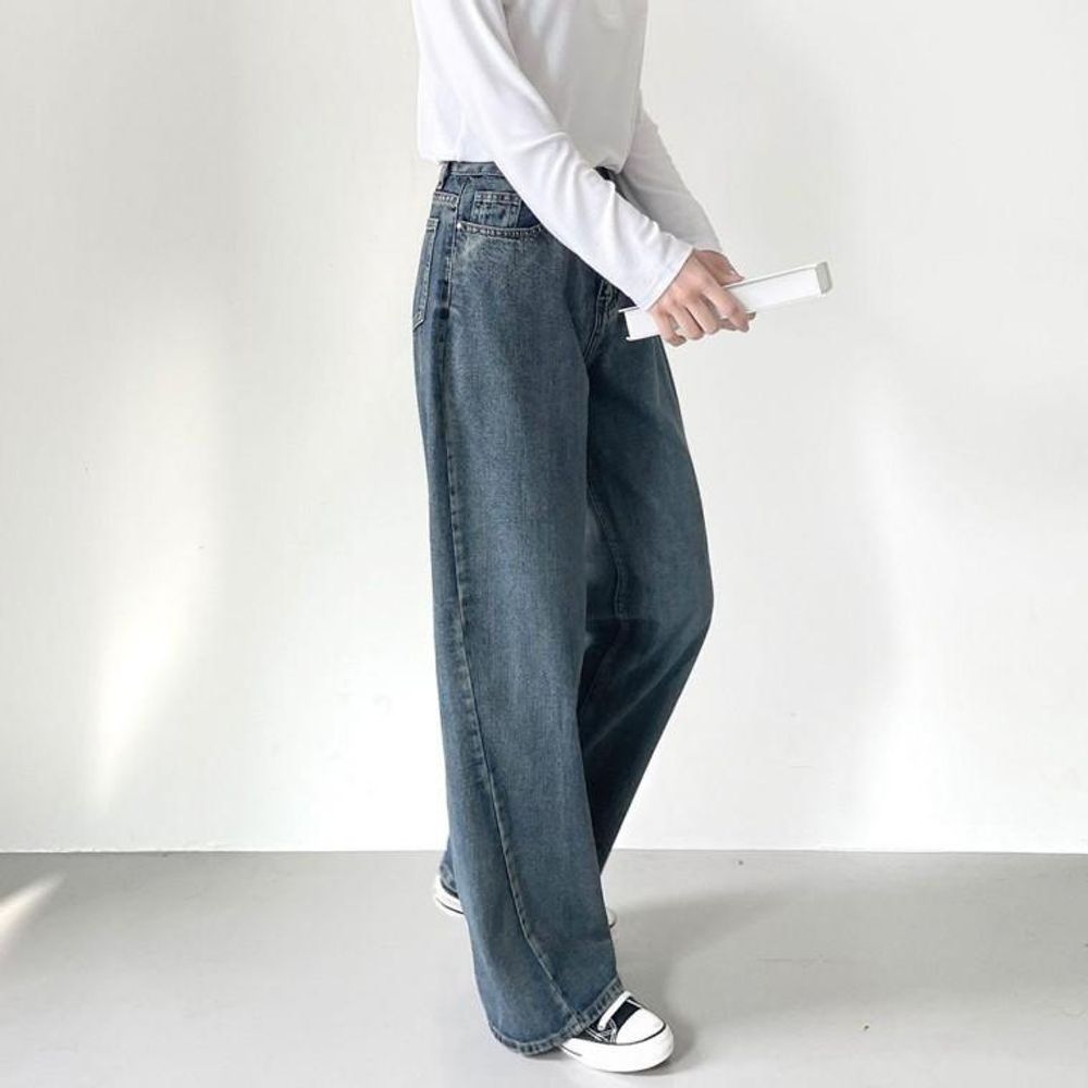절개 사선 와이드 청바지 여성 빈티지 데님 팬츠 데일