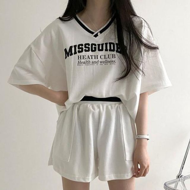 여름셋업 2컬러 여자셋업 배색 반팔 셋업 루즈핏 티셔