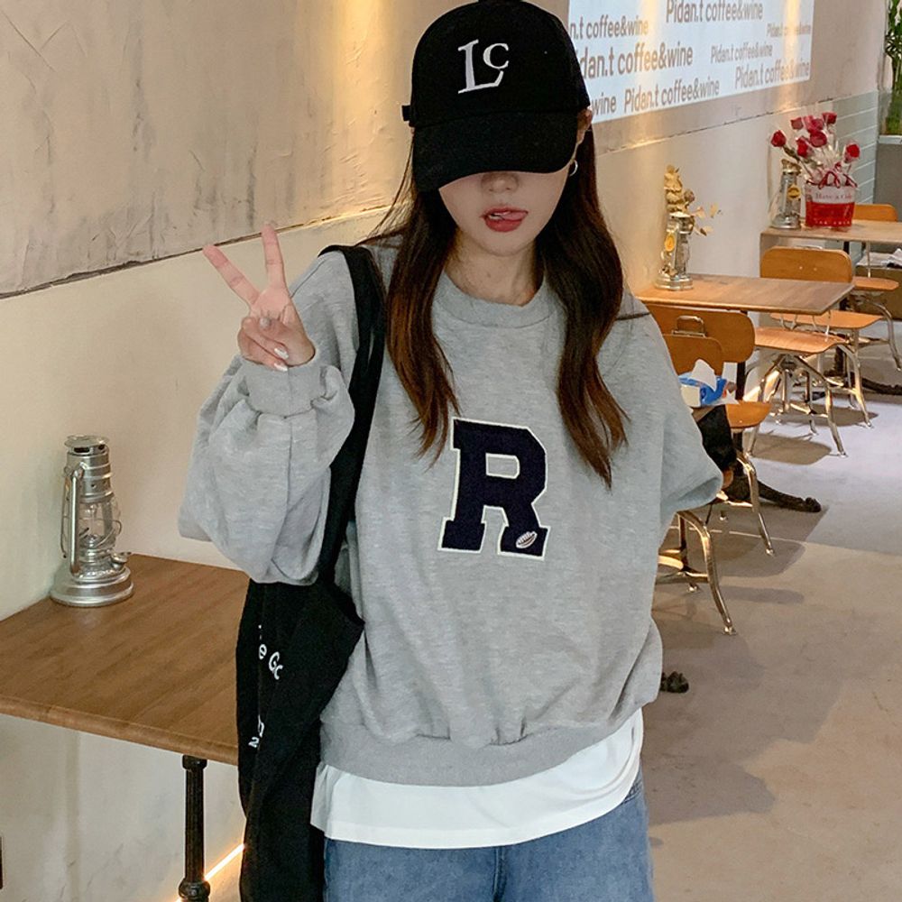 라운드티셔츠 숄더 그레이 여자 데일리 루즈핏