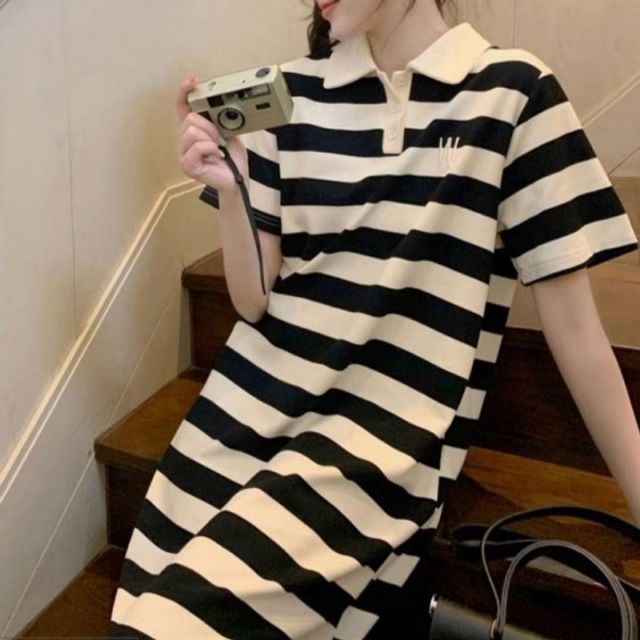 루즈핏 스트라이프 여름 기본 여성 데이 롱 카라 반팔