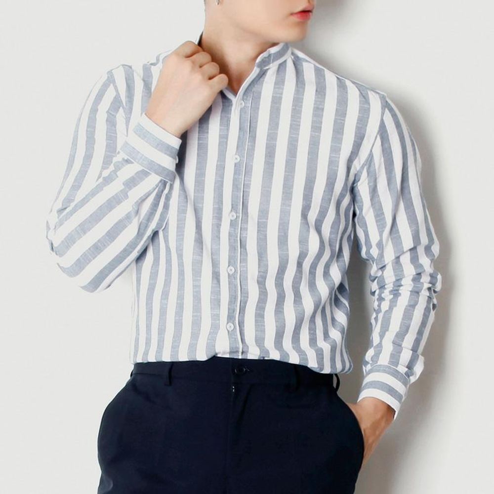 차이나넥 스트라이프 긴팔 남성용 셔츠