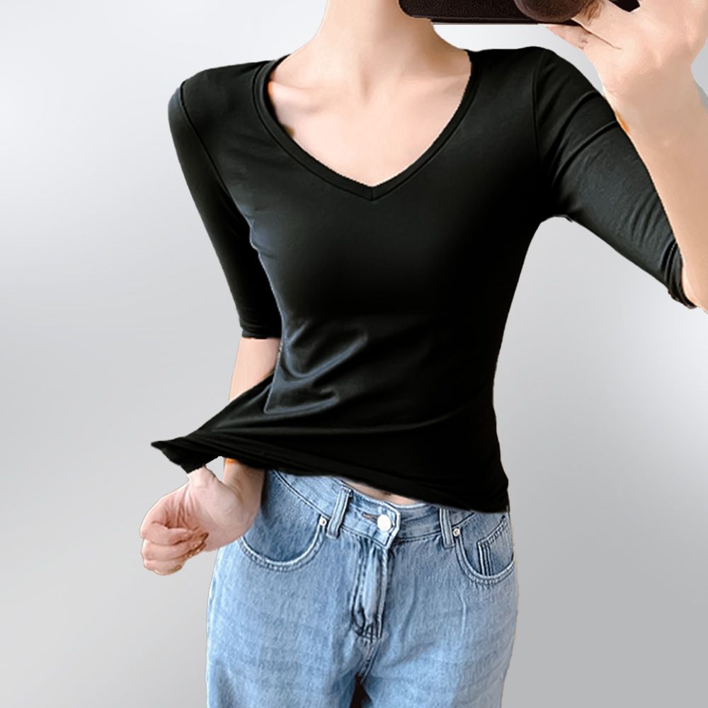 여성 여름 슬림핏 브이넥 5부소매 면 스판 티셔츠