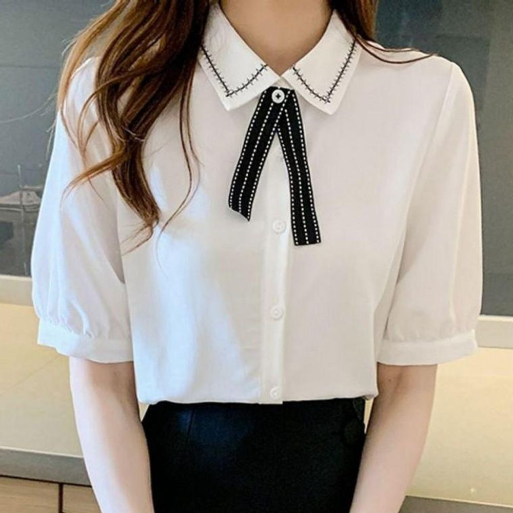 여성 블라우스 남방 반팔 타이 셔츠 티셔츠 오피스룩