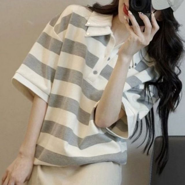 스트라이프 카라 여자 기본 티셔츠 데이 여름 상의 반