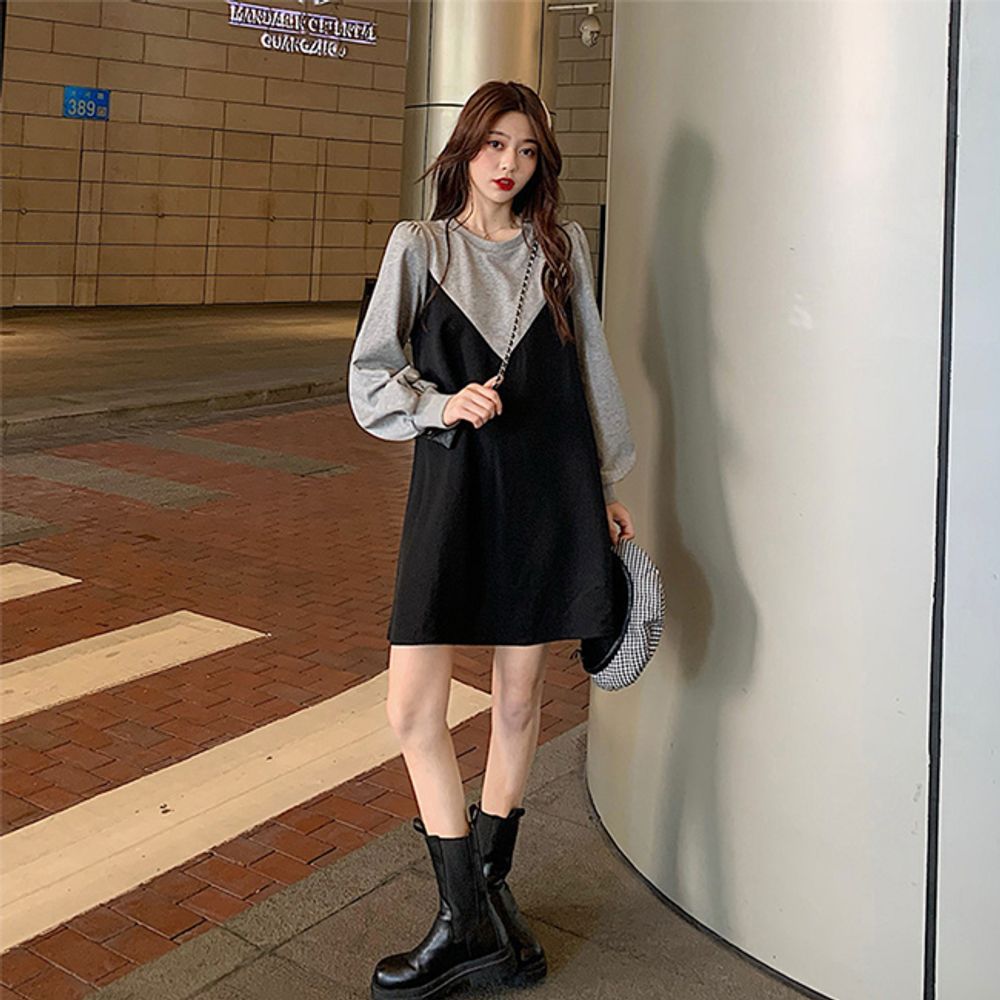 배색 라운드넥 스타일 원피스 1P 데일리 고품질 데이