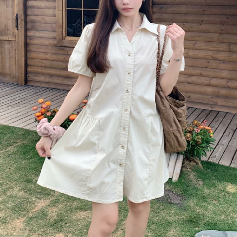 여름 카라 셔츠 셔링 원피스 루즈핏 반팔 3컬러