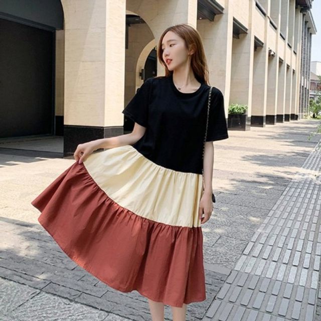 예쁜 넓은 배색 기본 A라인 데이 반팔라운드 데일리