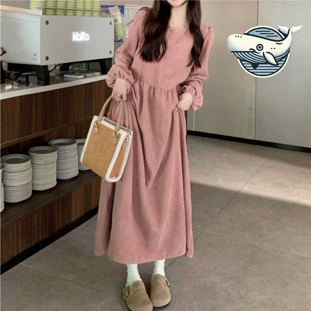 따뜻한 핑크코듀로이 롱원피스 라운드넥 퍼프소매