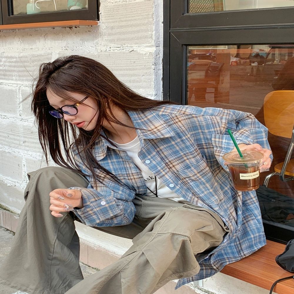 여성 2컬러 오버핏 데일리룩 체크패턴 긴팔셔츠 남방