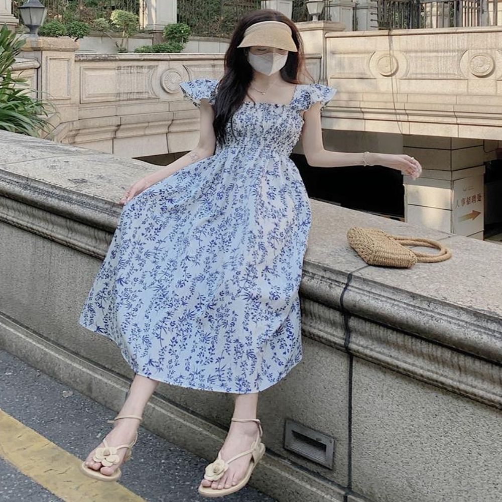 여자 플라워 바캉스 해변룩 스모크 스퀘어넥 원피스