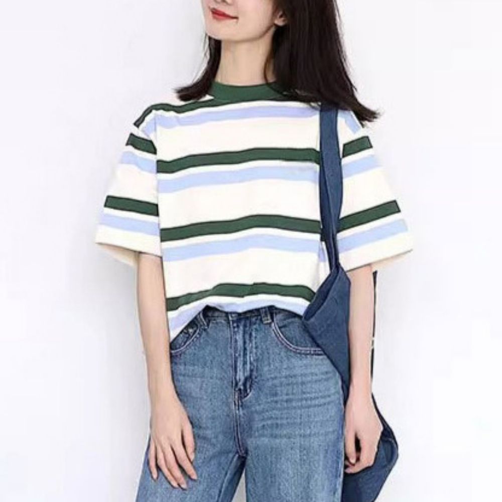 캐주얼 여성 루즈핏 배색 스트라이프 반팔 슬리브