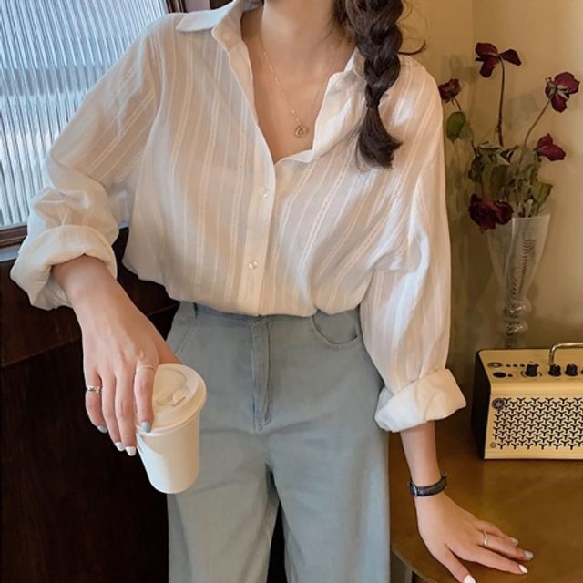 심플 여성스러운 카라 스트라이프 자수 긴팔 셔츠