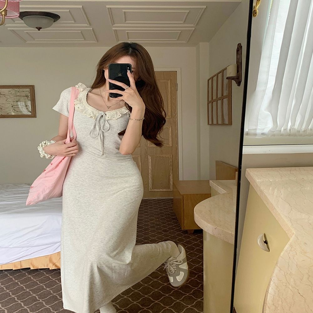여성 여름 반팔원피스 프릴 레이스 우아한 롱원피스