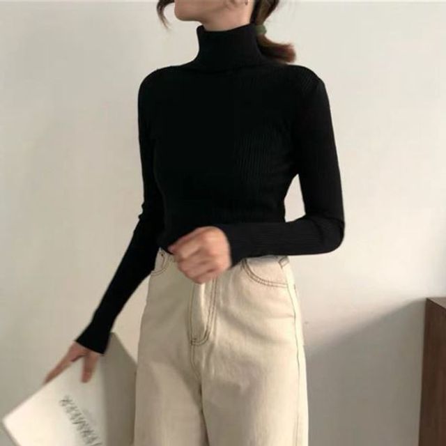 목폴라 여성 목폴라 여자 여자 긴팔티 골지 여