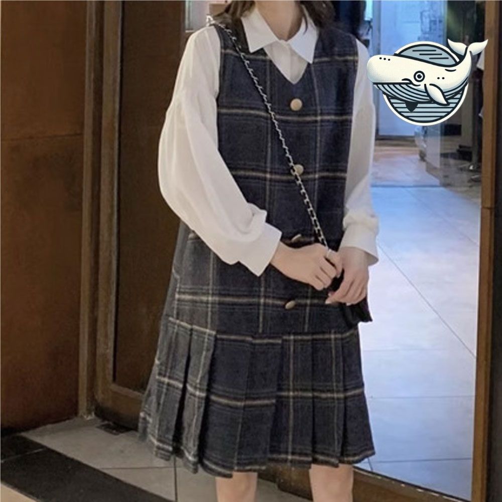 여성용 체크 뷔스티에 원피스 데일리 스타일