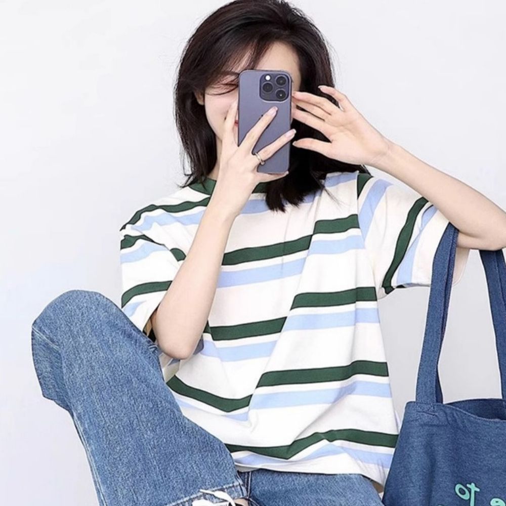 데일리 여자 여유핏 배색 스트라이프 반팔 슬리브