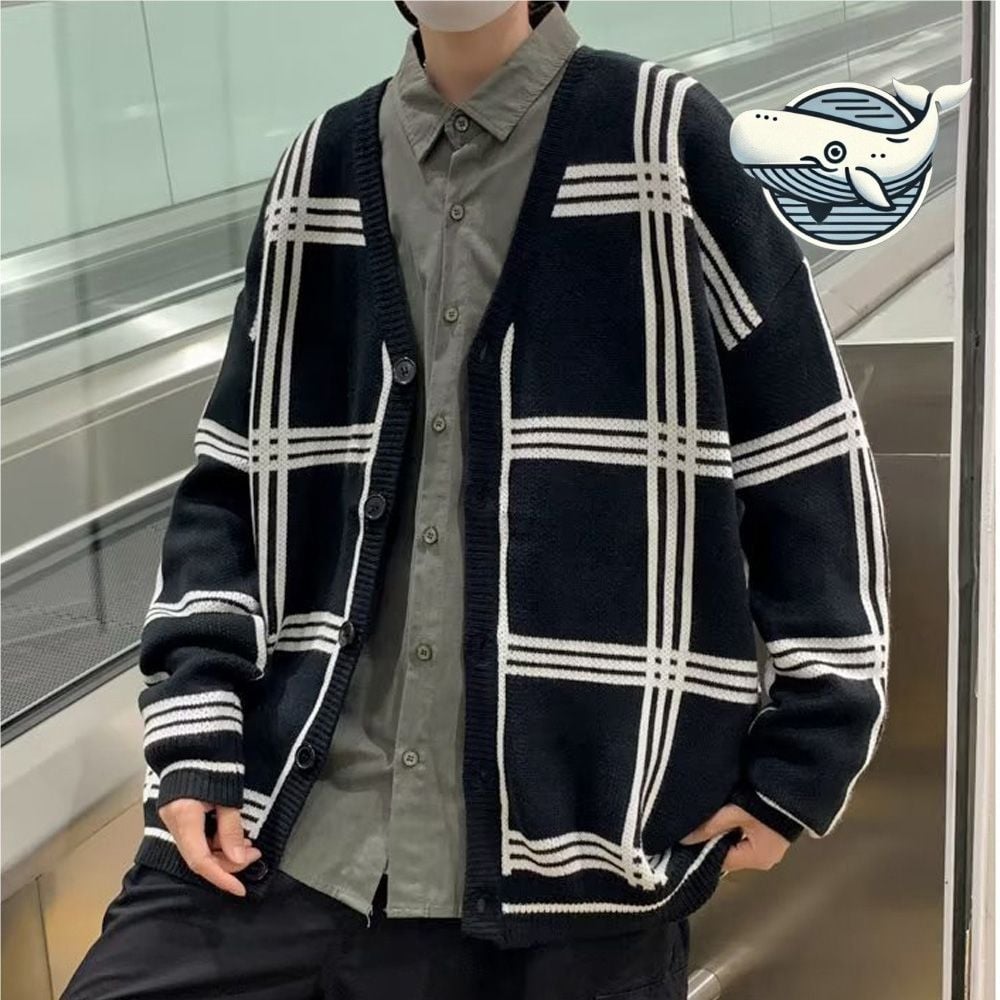 남자 체크 패턴 오버핏 카디건 간절기 스타일링