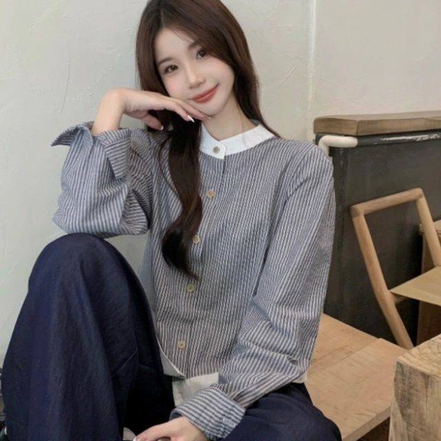 데이트룩 캠퍼스룩 배색 차이나카라 스트라이프 셔츠