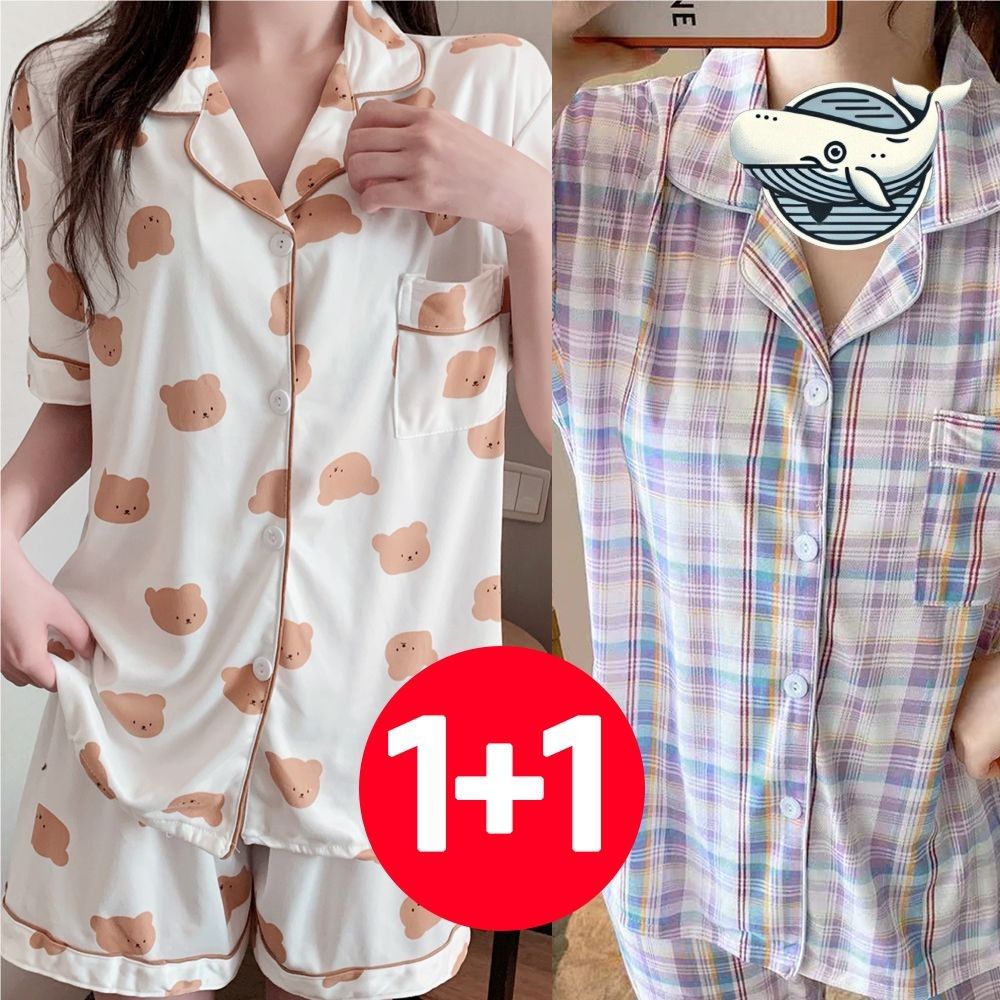 여성 여름 반팔 카라 잠옷 귀여운 패턴 편안한