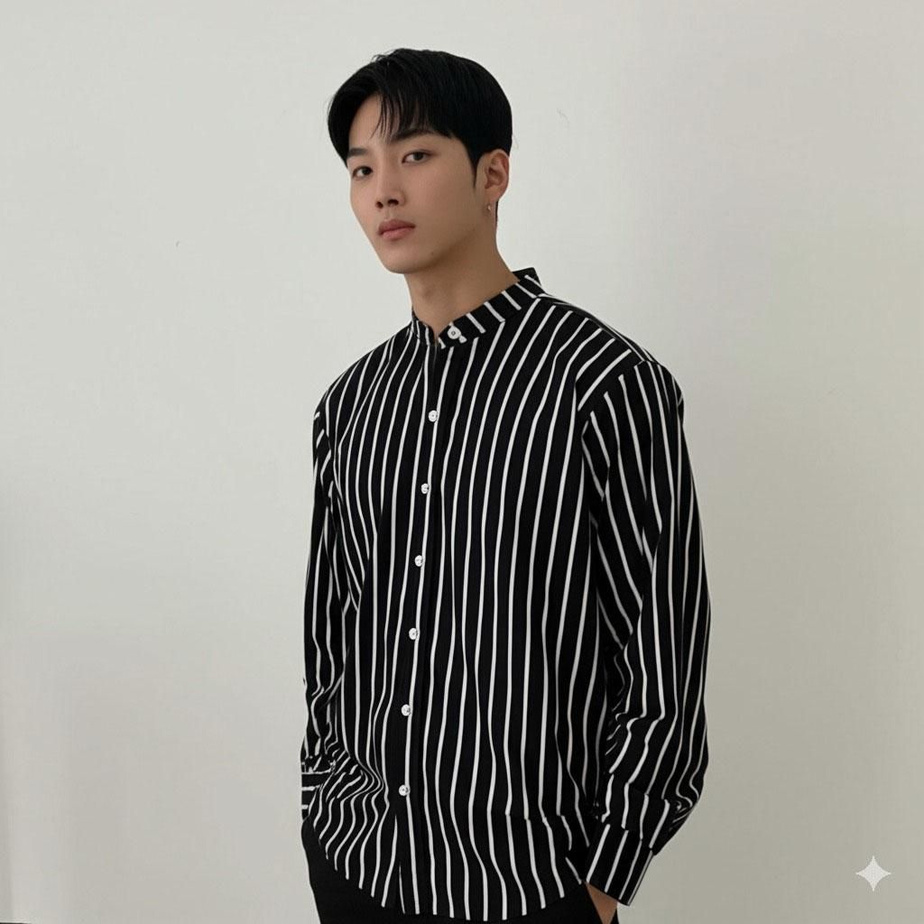 차이나넥 줄무늬 남성 셔츠