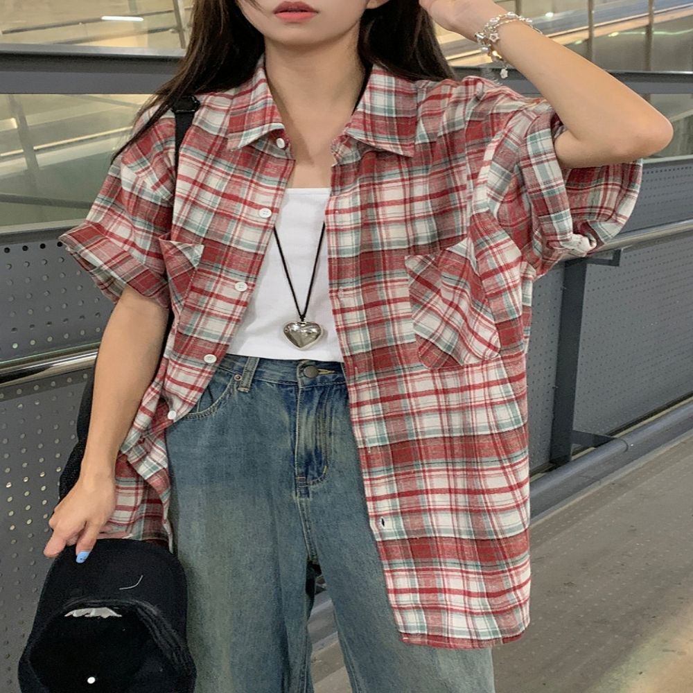 여성 2컬러 오버핏 데일리룩 체크패턴 반팔셔츠 남방