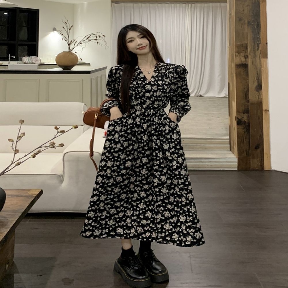 여성 랩스타일 D170 플라워 브이넥 원피스
