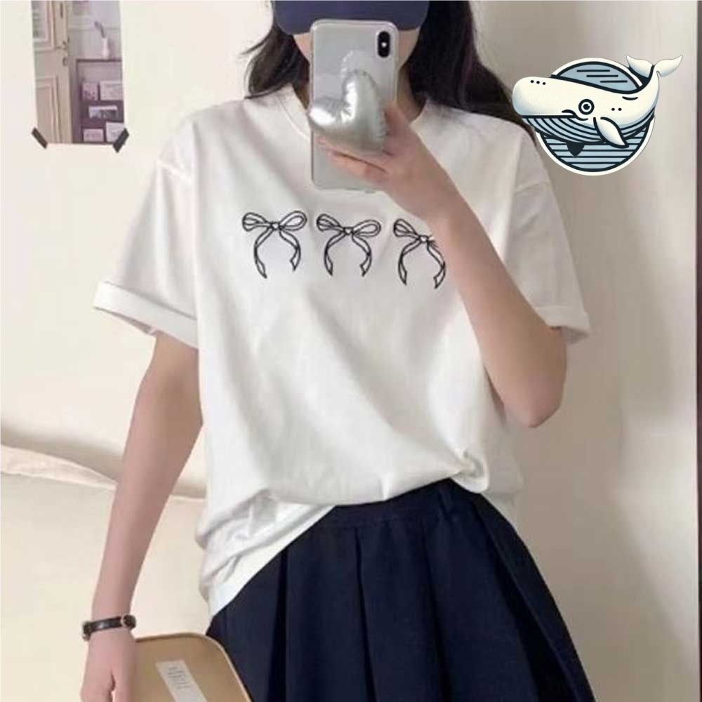 여름 화이트 리본포인트 루즈핏 티셔츠 캐주얼