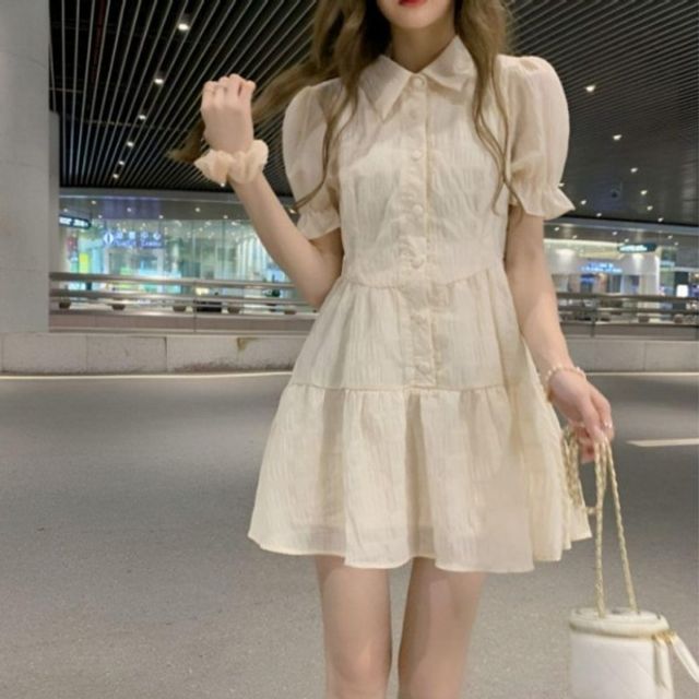 퍼프소매 원피스 여름 기본 카라넥 데이 미니 원피스