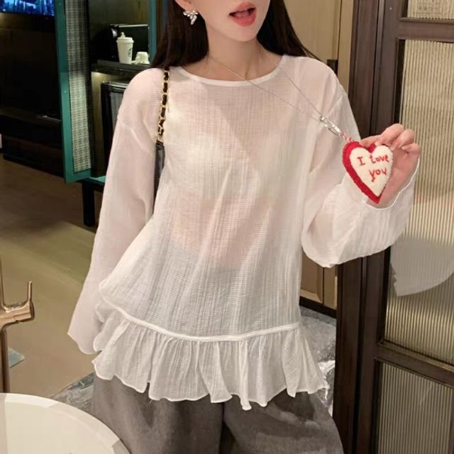 여성 은은한 비침 루즈핏 프릴 시스루 블라우스 2컬러