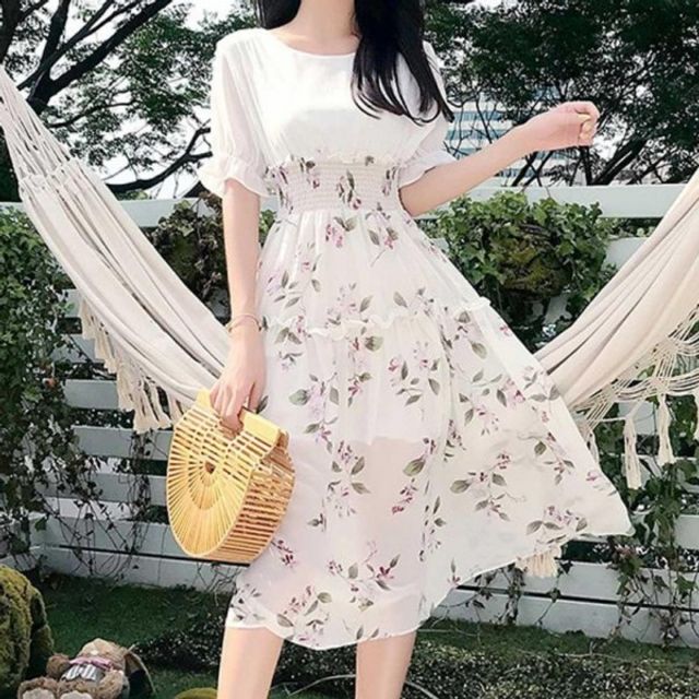 쉬폰 원피스 투피스st 기본 허리 데이 스모크밴딩 플