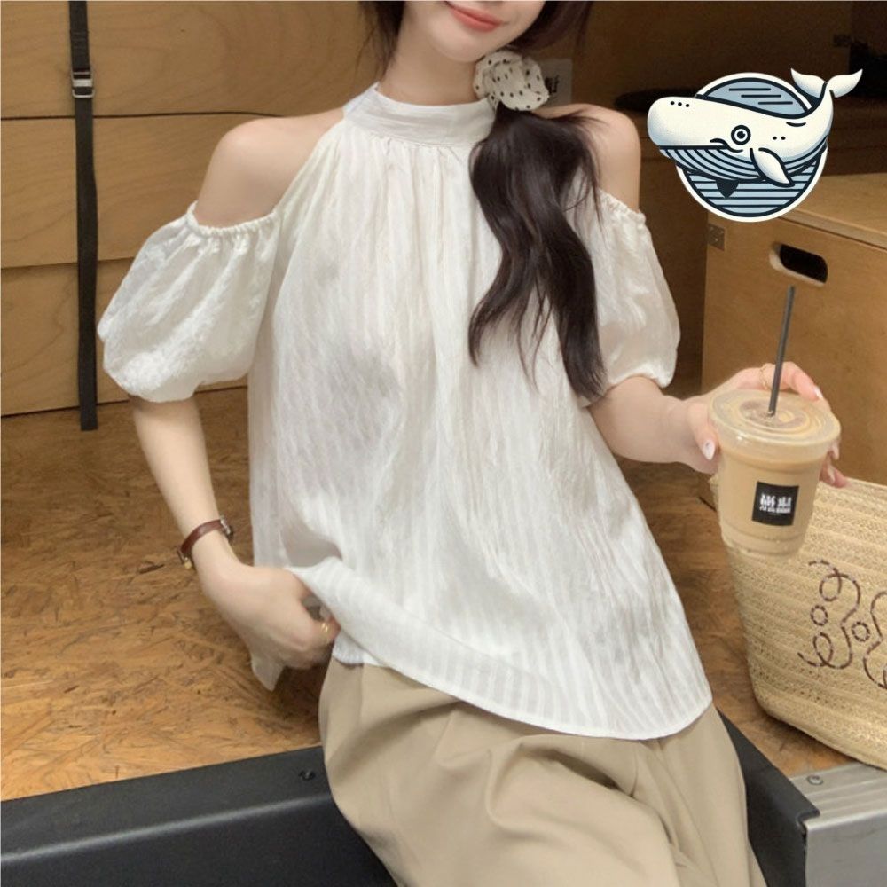 여름 통기성 홀터넥 숄더 밴드 칼라 블라우스