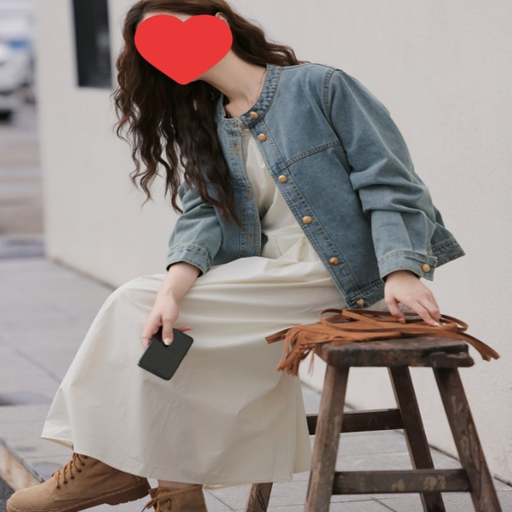 여자 심플 라운드넥 노카라 미니멀 청자켓 데님자켓