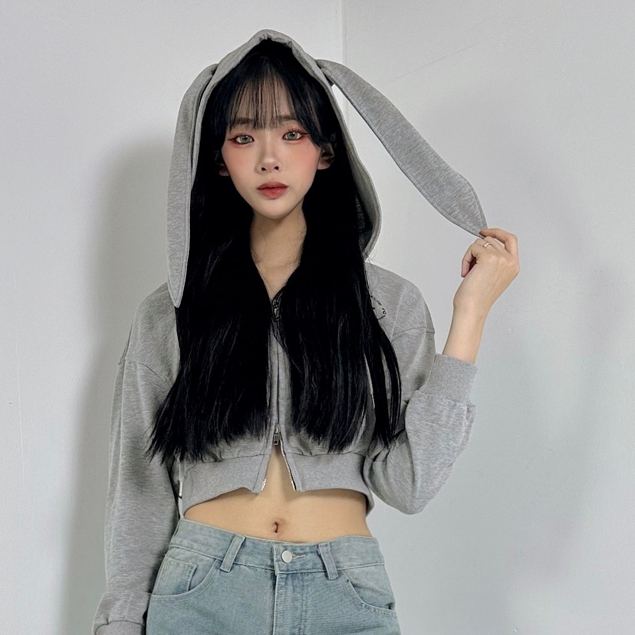 토끼귀 후드 크롭 집업 친구 선물 코스튬